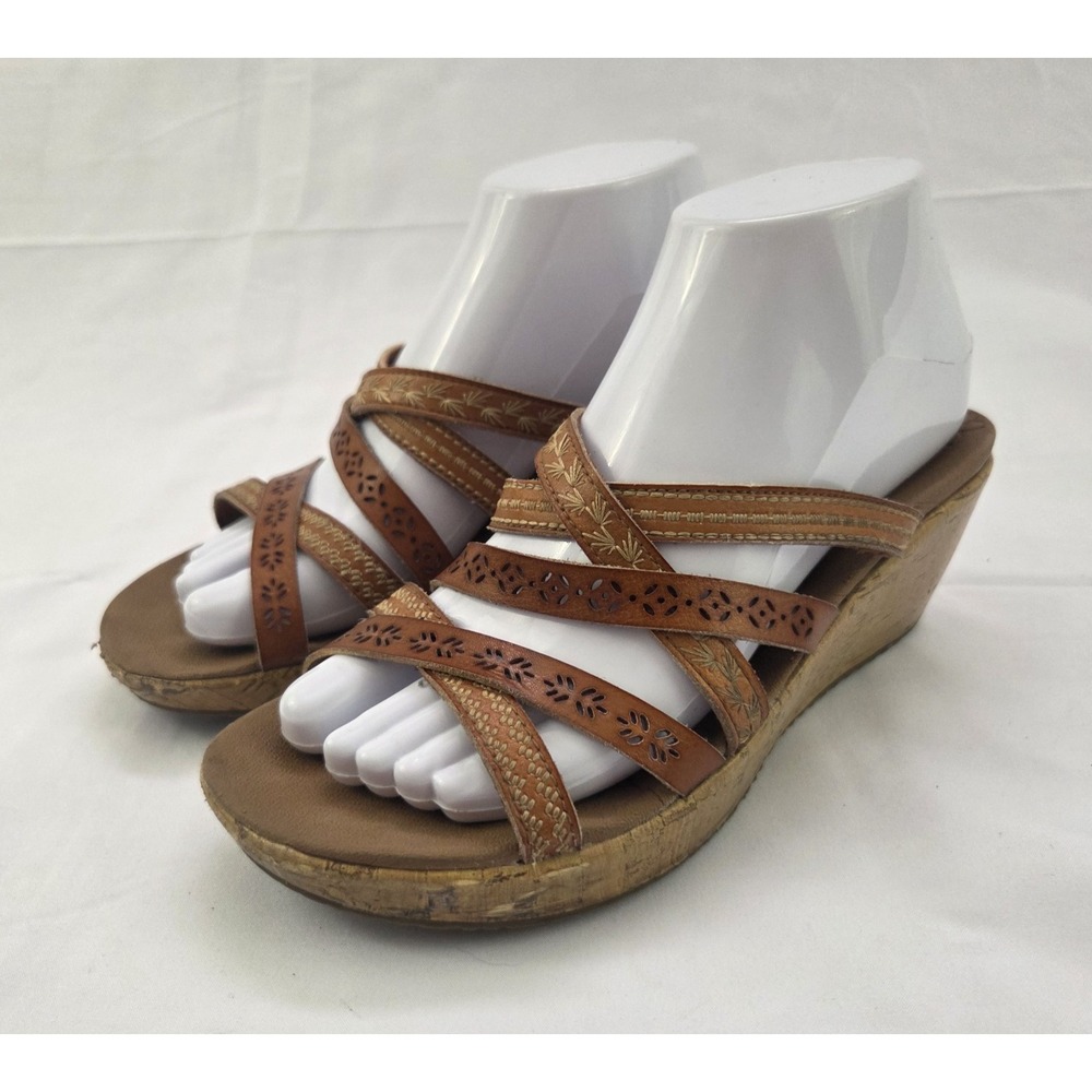 Skechers Luxe Foam Wedge Sandals Womens 7.5 Brown Leather Boho 70s Revival Y2K